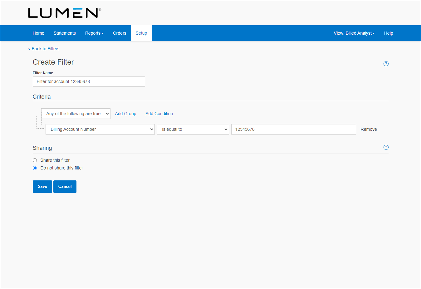 Create Filter (showing example filter for a billing account number)