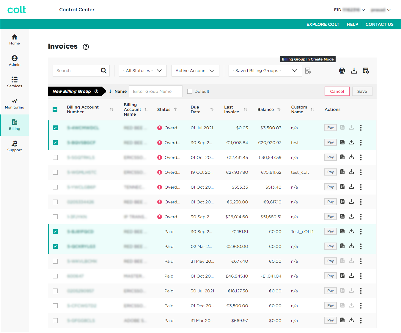 Invoices (showing new billing group)