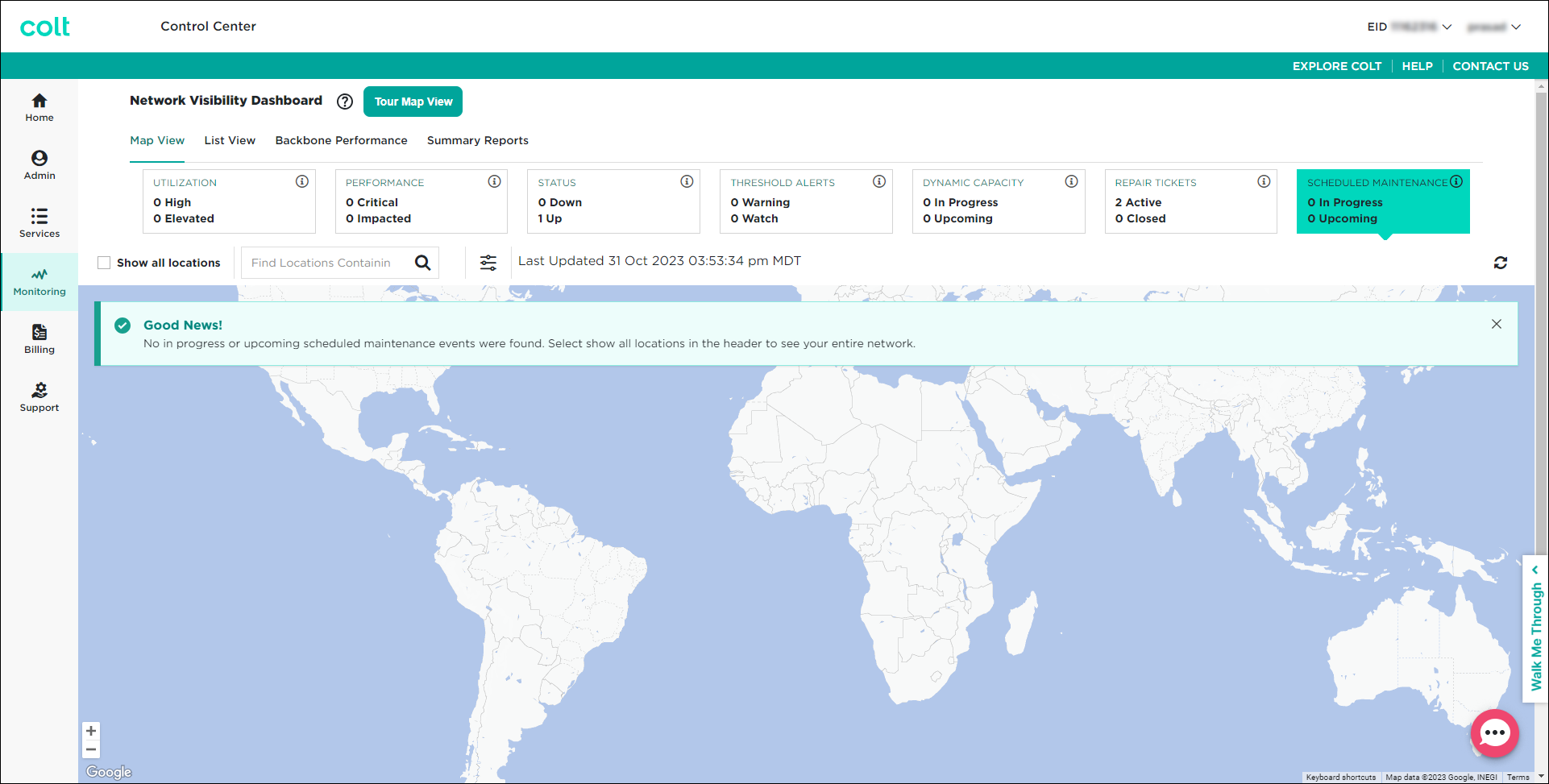 Network Visibility (showing Scheduled Maintenance tile)