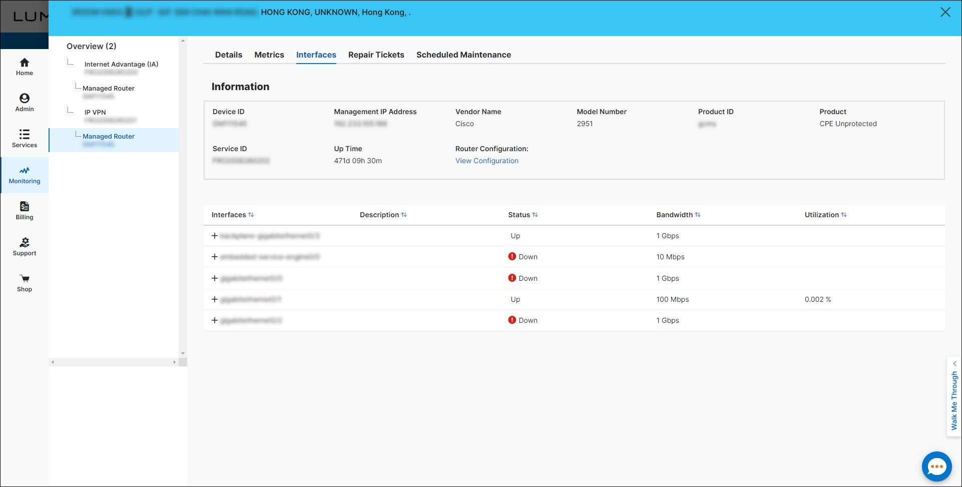 Network Visibility (showing the Interfaces tab for a managed router)