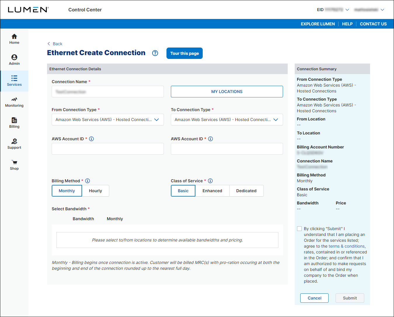 Ethernet Create Connection (showing a connection from AWS to AWS)