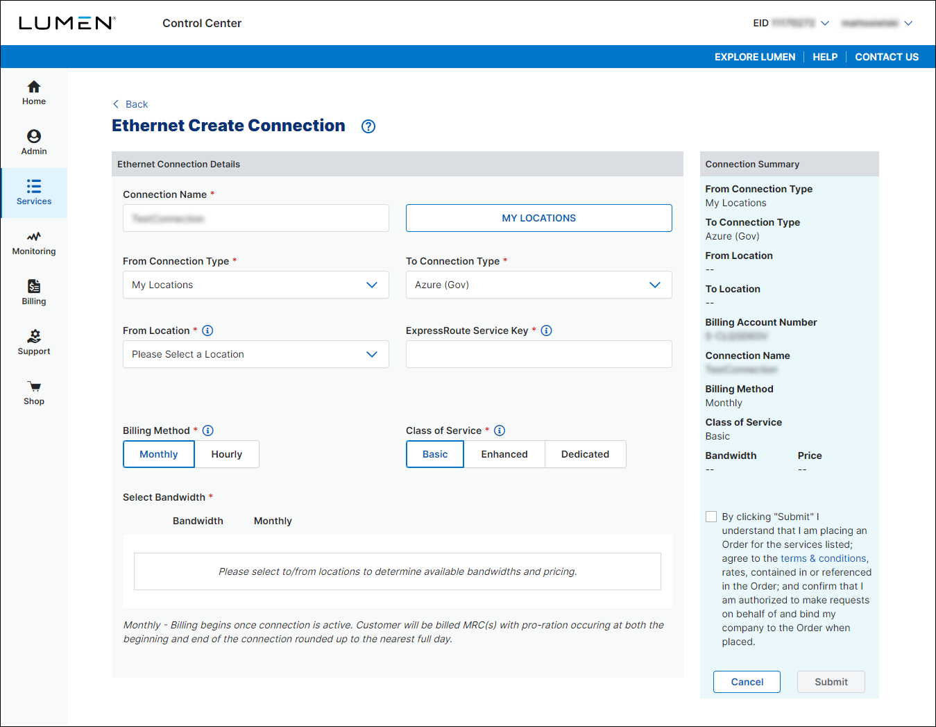 Ethernet Create Connection (showing a connection from your location to Azure Gov)