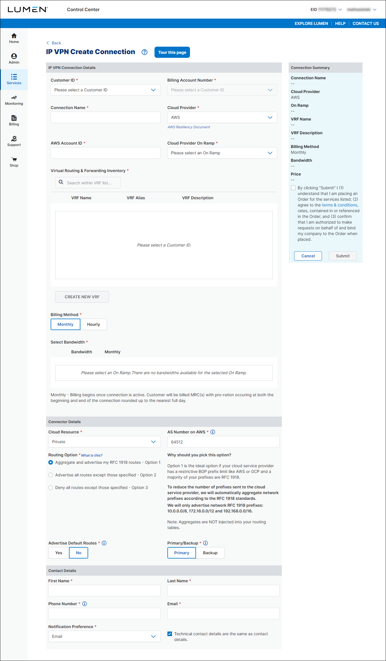 IP VPN Create Connection (showing AWS selected)