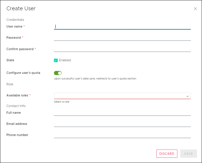 The Create User window