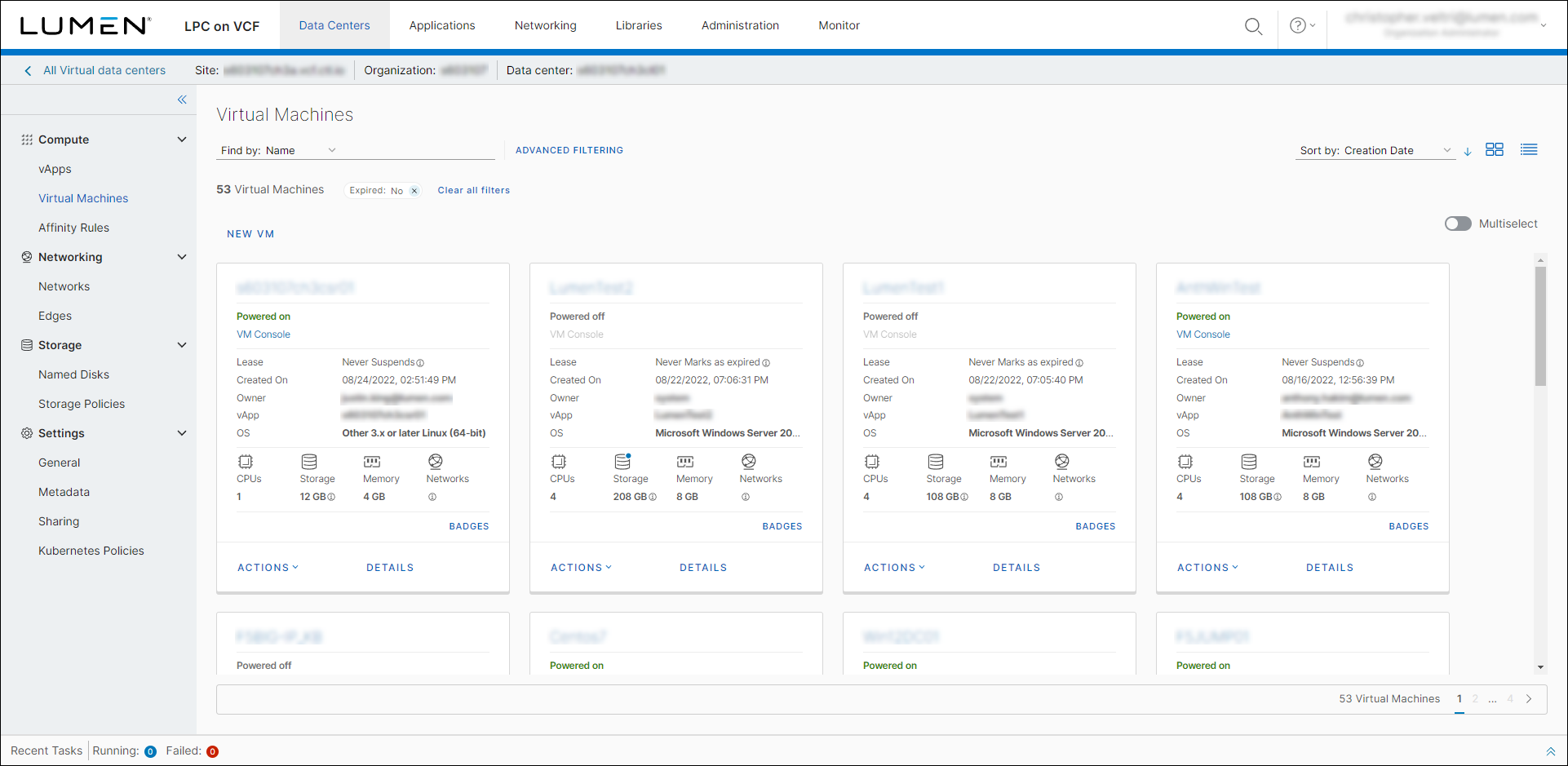 Virtual Machines screen