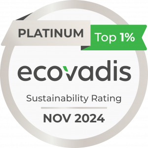 The image is a graphical depiction of a platinum medal saying "Platinum EcoVadis Top 1%"